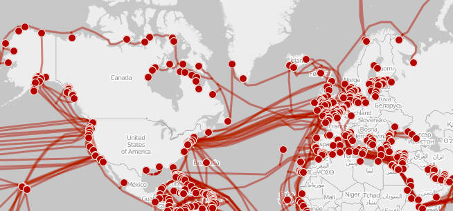 Map of transatlantic submarine cable routes connecting North America and Europe